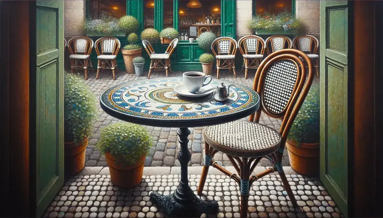 Close-up of a round mosaic cafe table with a steaming cup of coffee, wrought iron details, and a rattan chair against a backdrop of lush potted plants.