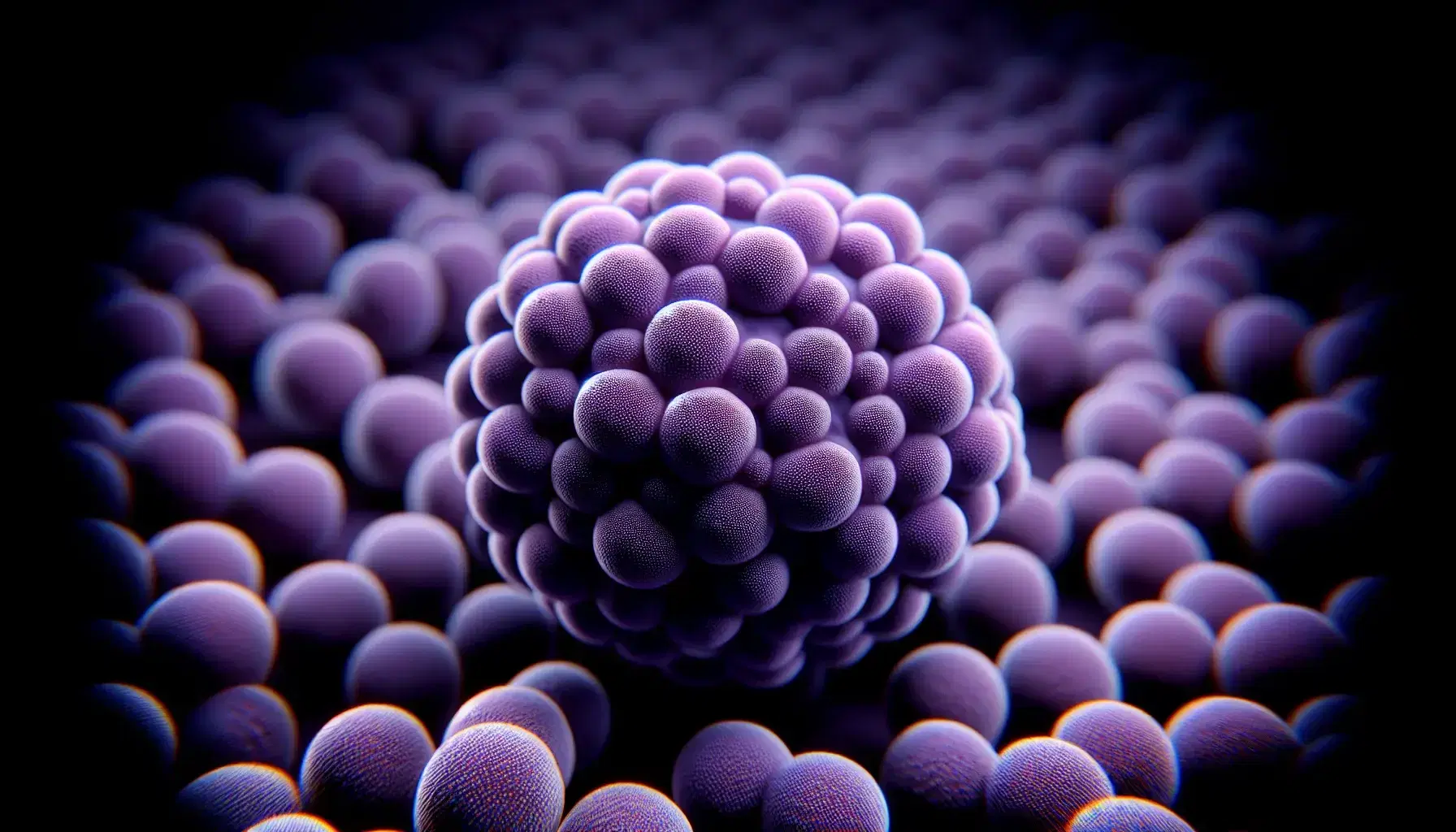 Close-up view of densely packed purple spherical bacteria cells with varying sizes, glossy surfaces, and soft lighting against a dark background.