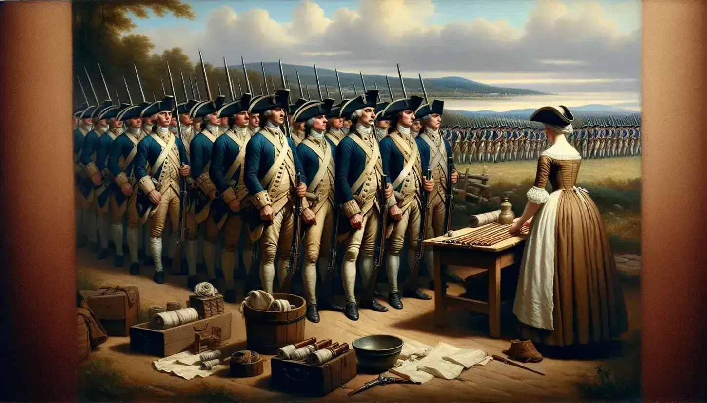 American Revolutionary War scene with Continental Army soldiers in uniform, woman preparing bandages and multi-ethnic group in the background.