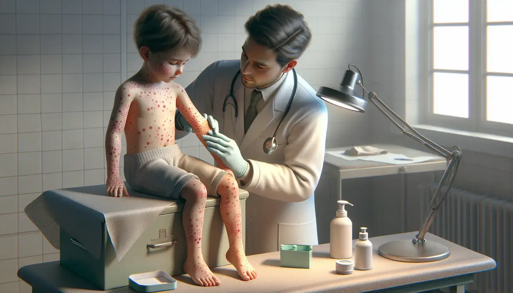 Pediatra in camice bianco esamina eruzione cutanea su braccio e viso di bambino seduto, in ambiente medico sobrio.