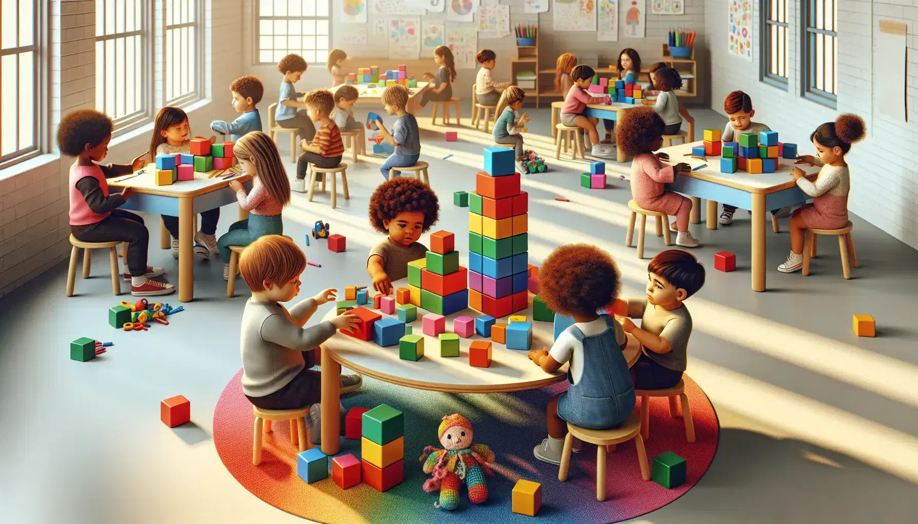 Children of different ages engaged in educational activities in a bright classroom: playing with blocks, conversations, drawing and puzzles.