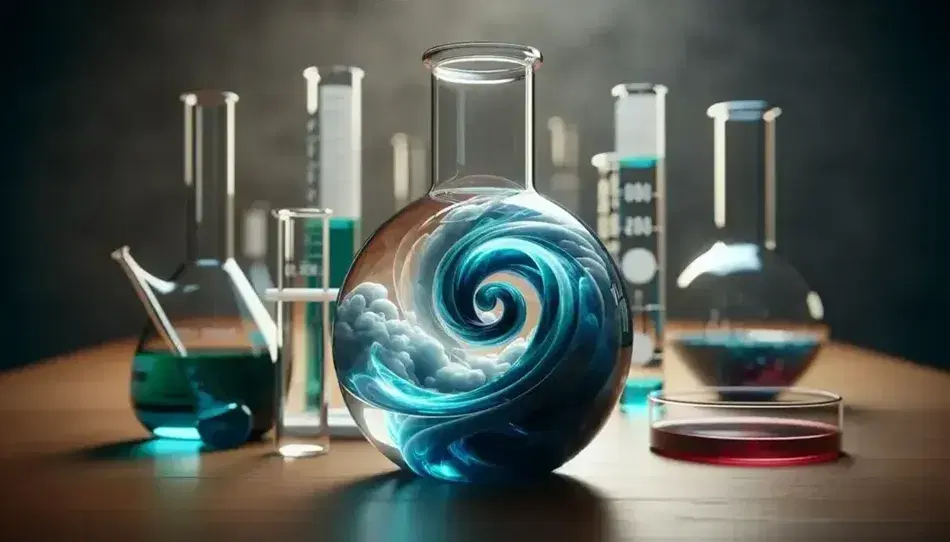 Glass flask with blue liquid in swirl on wooden table, surrounded by scientific glassware with colored liquids in blurred laboratory.
