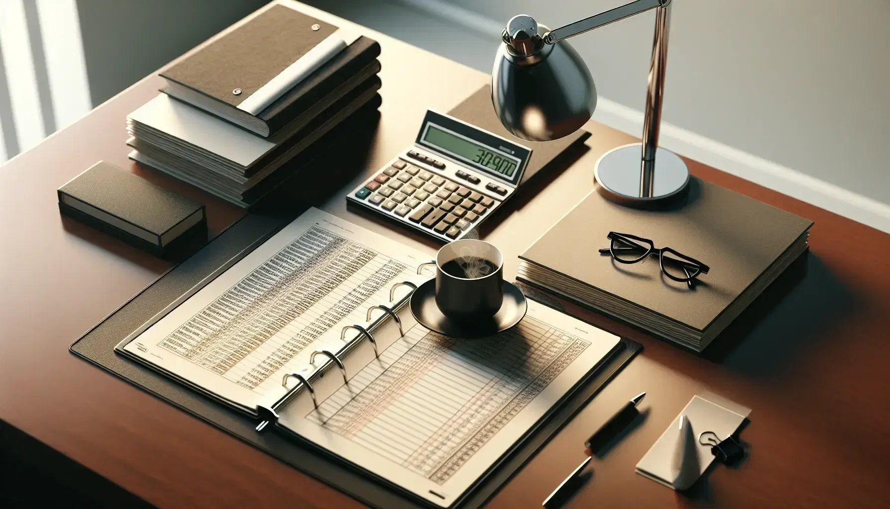 Organized office desk with open ledger, calculator, eyeglasses on folders, modern lamp, and steaming coffee mug on a wooden surface.