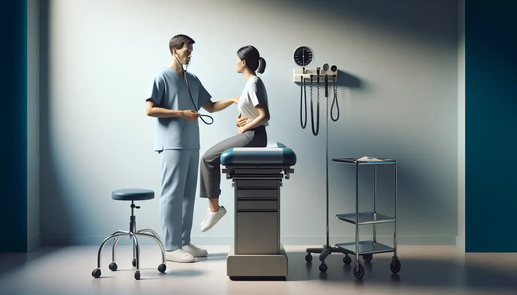 Healthcare worker in blue scrubs with stethoscope consults seated patient gesturing to abdomen in a well-lit, sterile examination room with medical equipment.