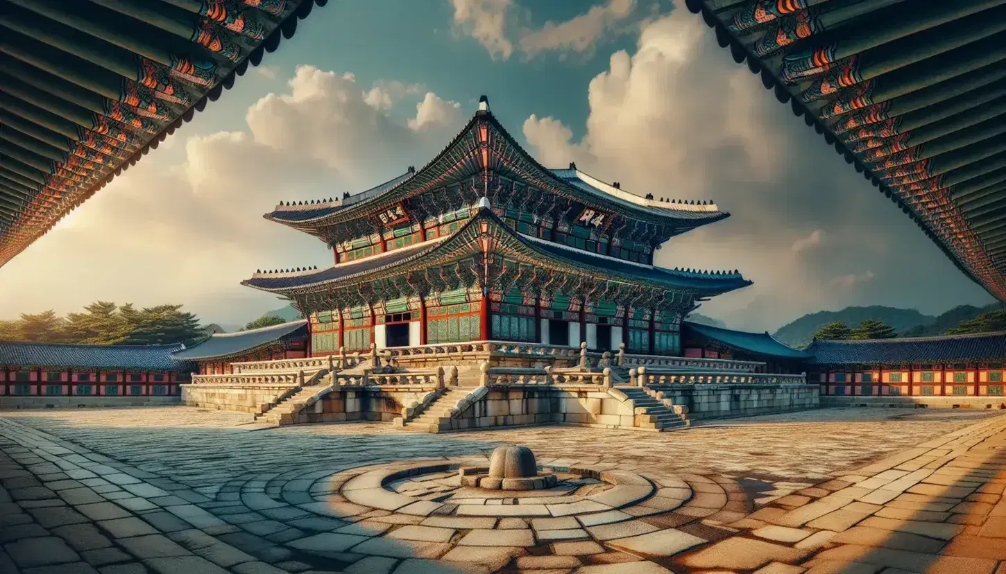 Panoramic view of Gyeongbokgung Palace with traditional Korean architecture, vibrant colors, and reflection on a calm water surface under a blue sky.