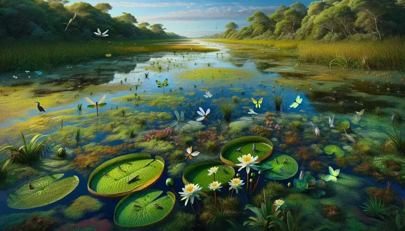Paisaje de humedal con plantas acuáticas verdes, flores flotantes y libélulas, aves acuáticas en busca de alimento y árboles al fondo bajo un cielo azul con nubes.