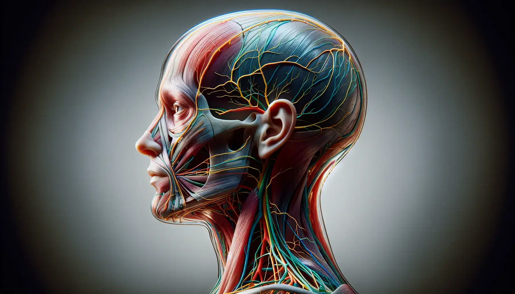 Rappresentazione anatomica dei nervi cranici in un profilo umano con pelle e muscoli trasparenti, evidenziati da colori vivaci.