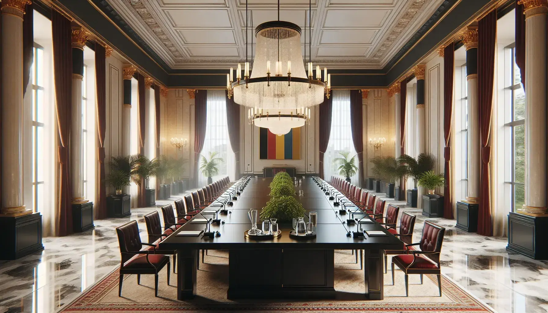 Sala de conferencias formal con mesa de madera oscura, sillas rojas, suelo de mármol y cortinas de terciopelo, iluminada por candelabros de cristal.