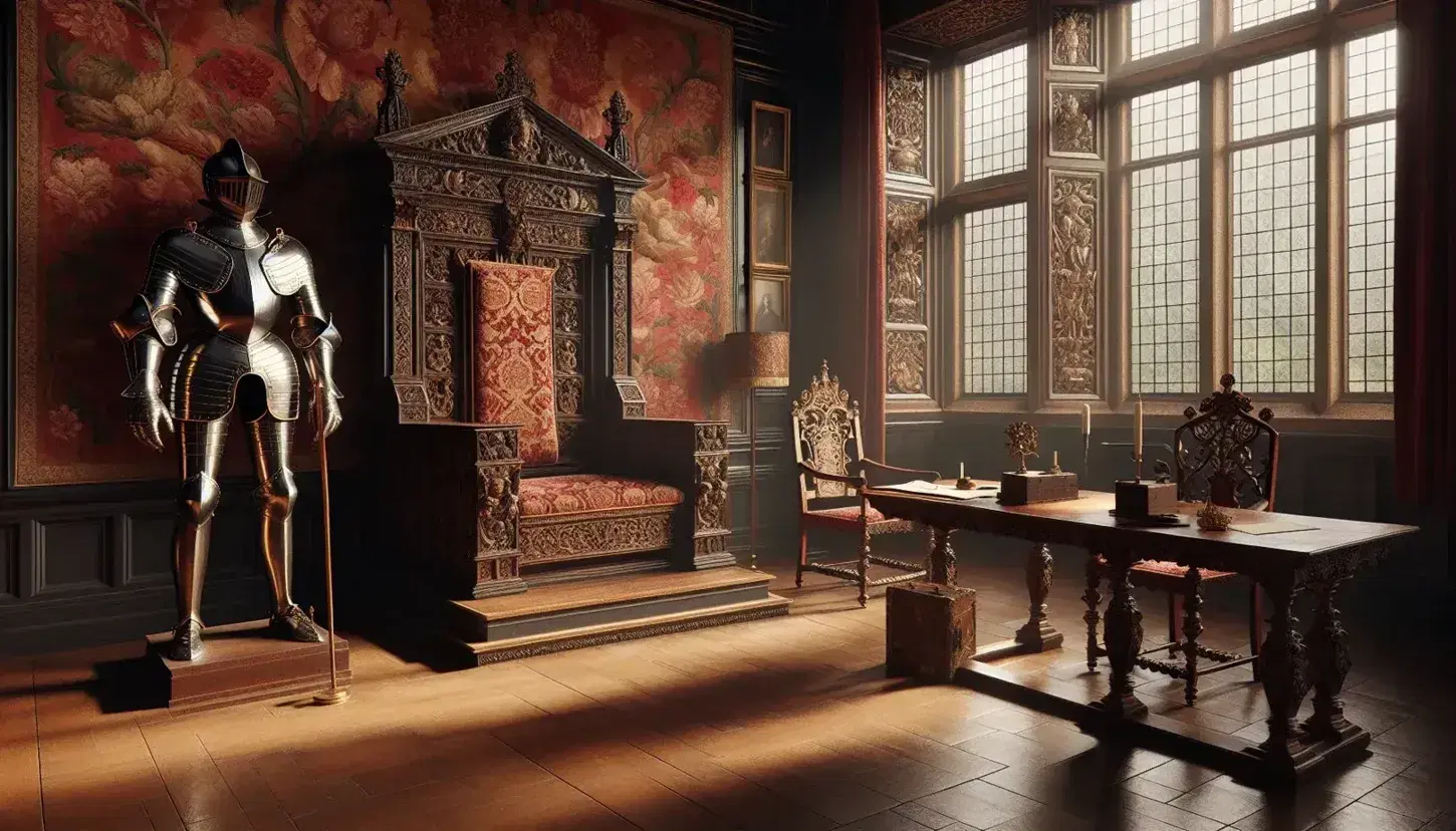 Opulent 17th-century Restoration period room with an unoccupied wooden throne, sunlit tapestries, polished suit of armor, and a table set with inkwell and parchment.