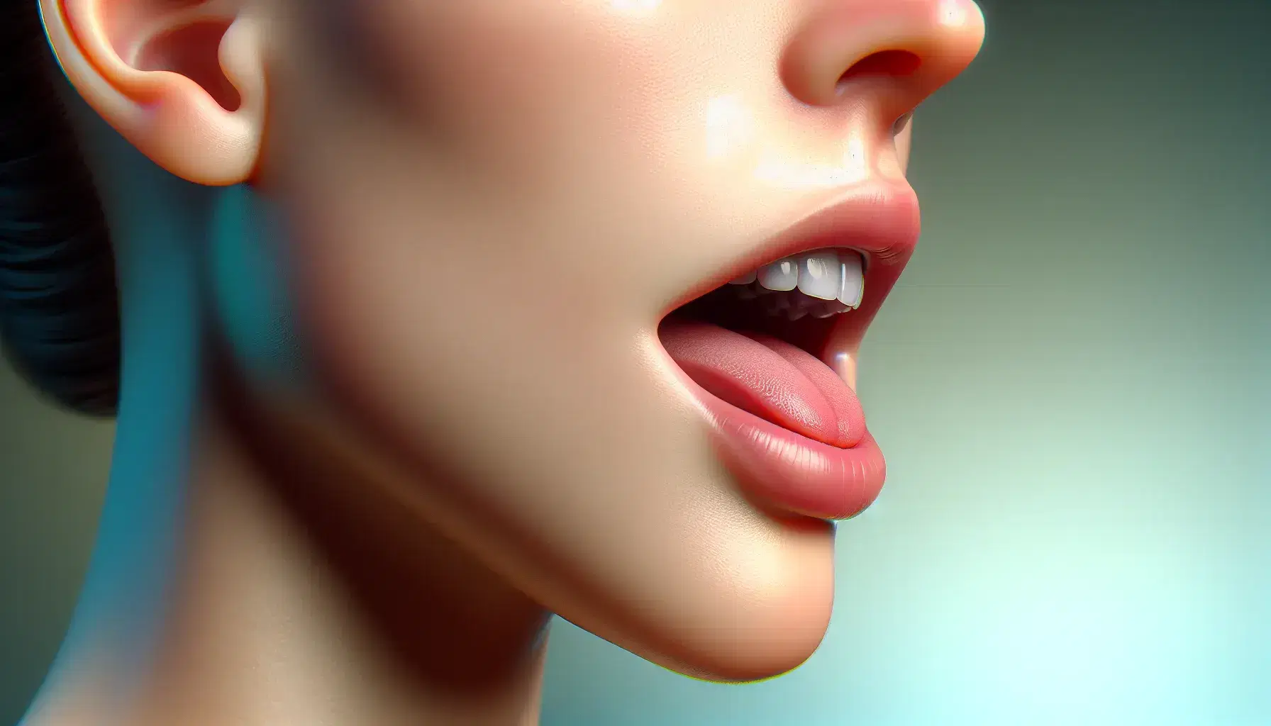 Close-up view of a person speaking, highlighting their mouth, teeth, and defined jawline against a soft blue and green gradient background.