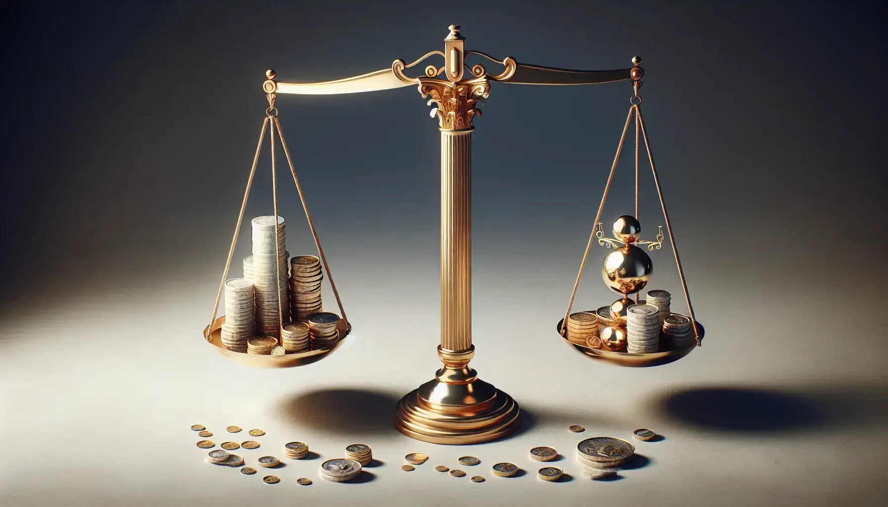 Balanced golden scale with gold and silver coins on left pan and a white Doric column with a clear glass sphere on the right against a soft gradient background.