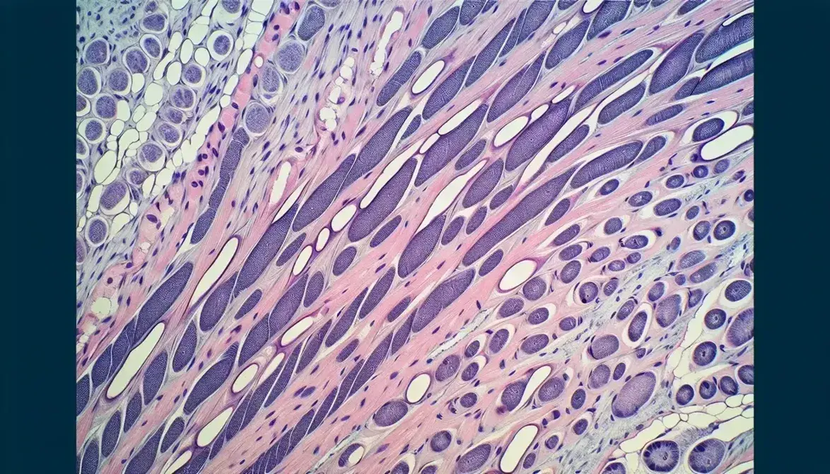 Sezione microscopica di tessuto muscolare liscio con fibre colorate in rosa e viola, nuclei cellulari evidenti e tessuto connettivo interposto.