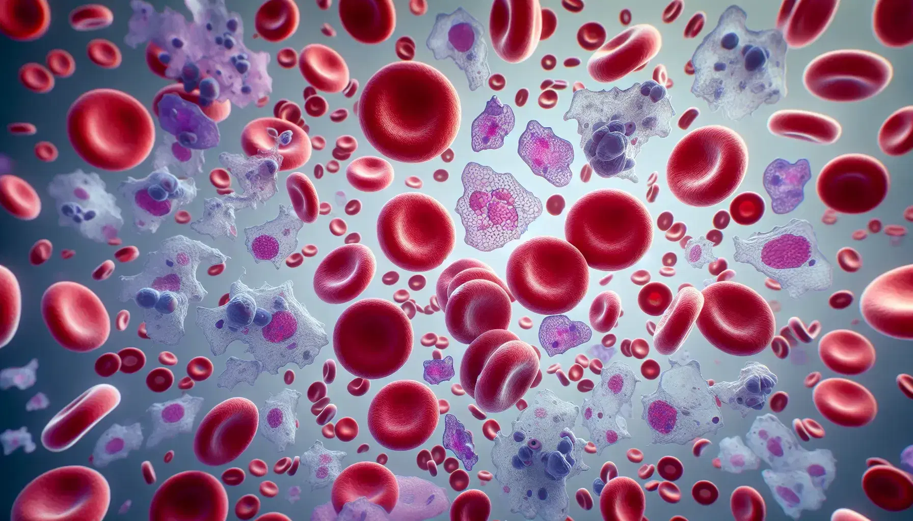 Vista microscópica de células sanguíneas humanas con eritrocitos rojos biconcavos, leucocitos variados y plaquetas grises dispersas.