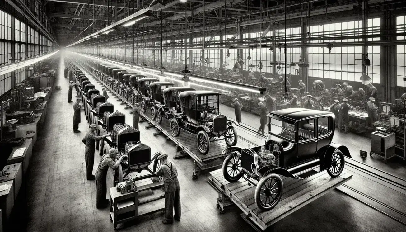 Linea di montaggio Ford Model T con operai al lavoro in fabbrica, auto in sequenza da telaio a veicolo completo.