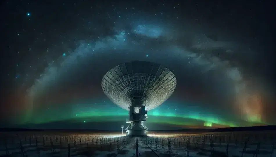 Antenna parabolica argentea sotto cielo notturno stellato con aurora boreale dai toni verdi e viola.