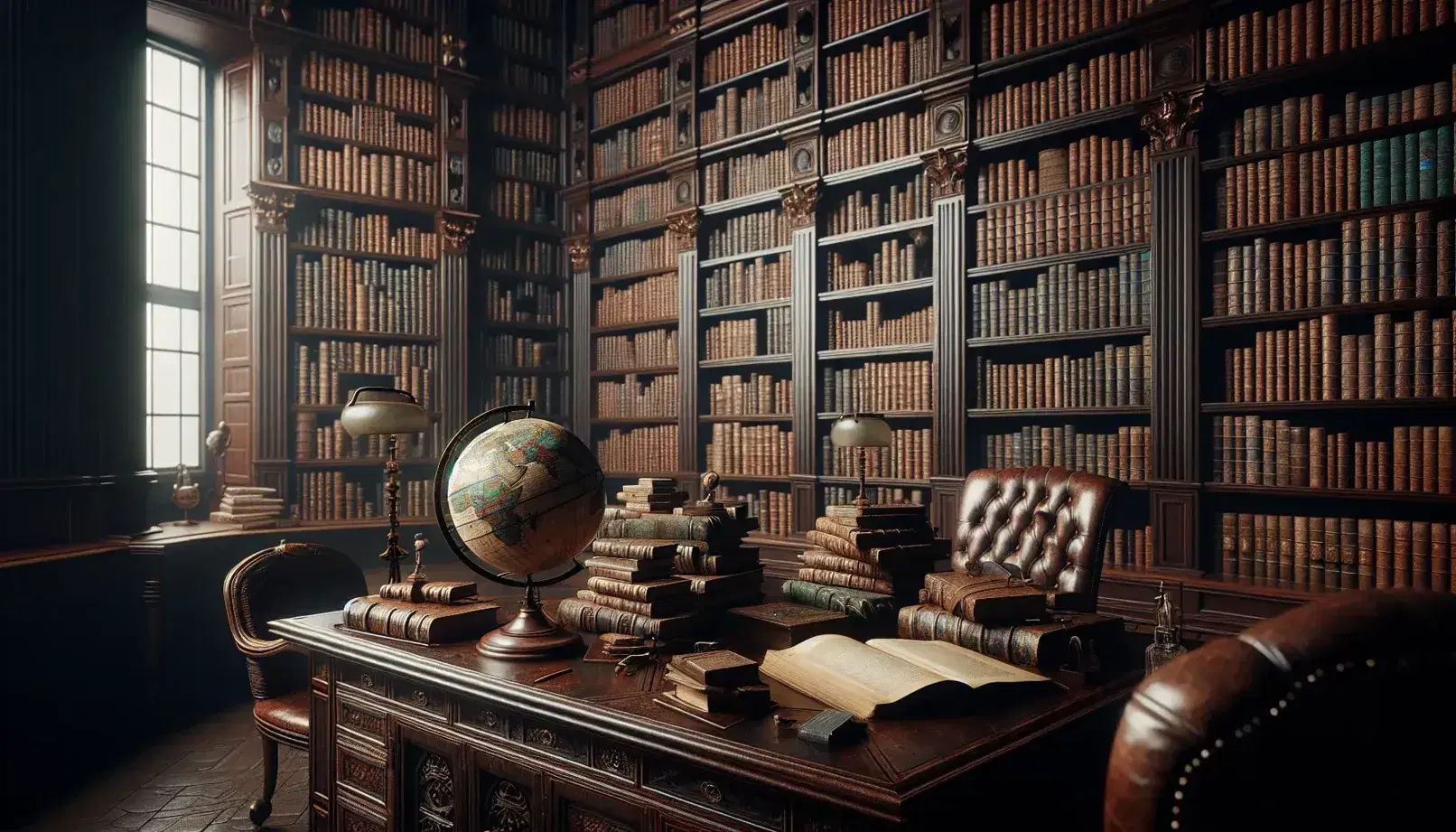 Biblioteca antica con tavolo in legno scuro, libri impilati, mappamondo e scaffali pieni di volumi, poltrona in pelle e lampada accesa.