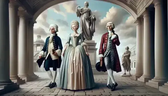Escena del siglo XVIII con tres personas en vestimentas de época, arquitectura clásica y estatua, bajo un cielo azul despejado.