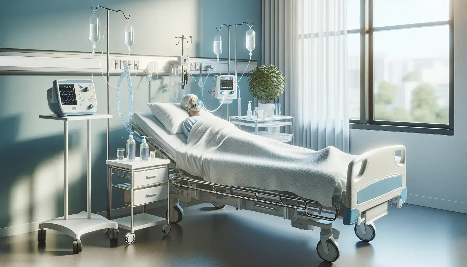 Stanza ospedaliera luminosa con pareti azzurre, letto e paziente con maschera d'ossigeno, tavolino con acqua e pianta, medico al lavoro.