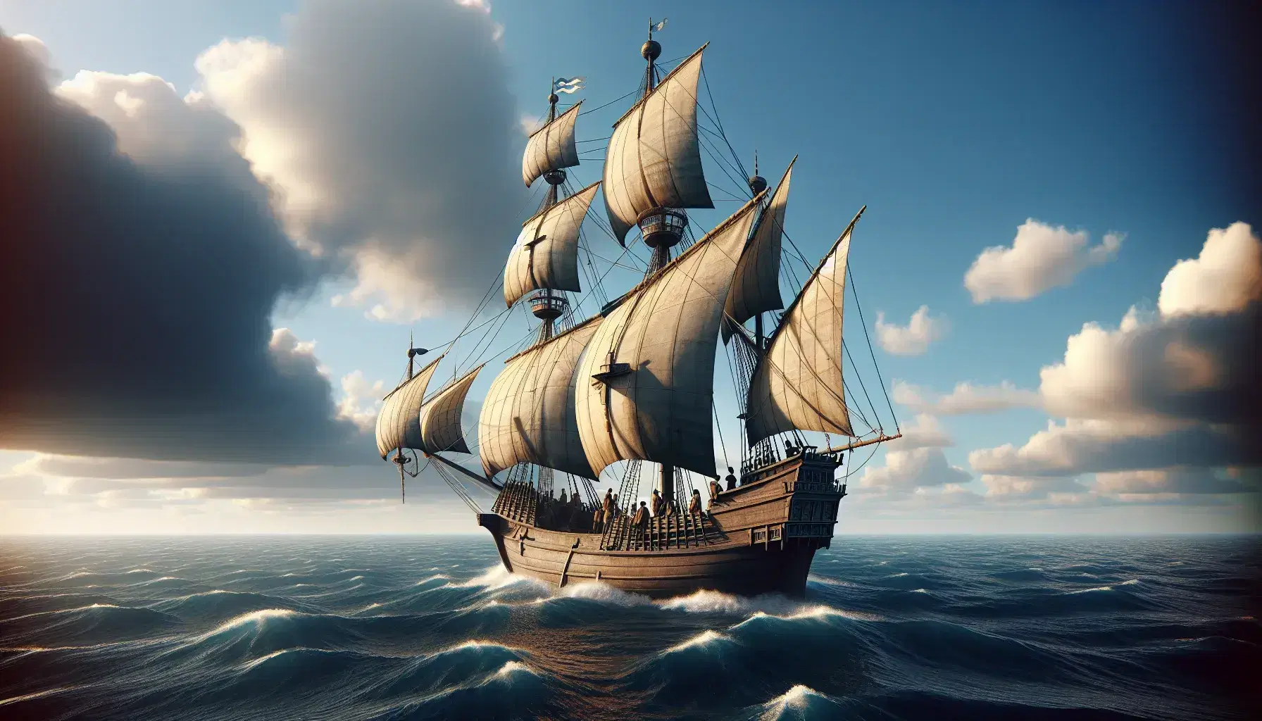 Caravella del XV secolo naviga in mare aperto con vele quadre gonfie, equipaggio in movimento e cielo azzurro con nuvole sparse.