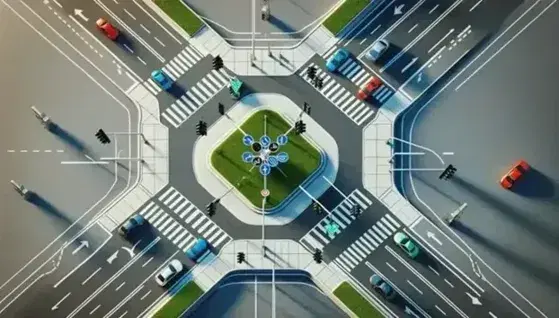 Vista aerea di un incrocio stradale con segnali geometrici, semaforo verde acceso e pedoni in attesa di attraversare su strisce pedonali.