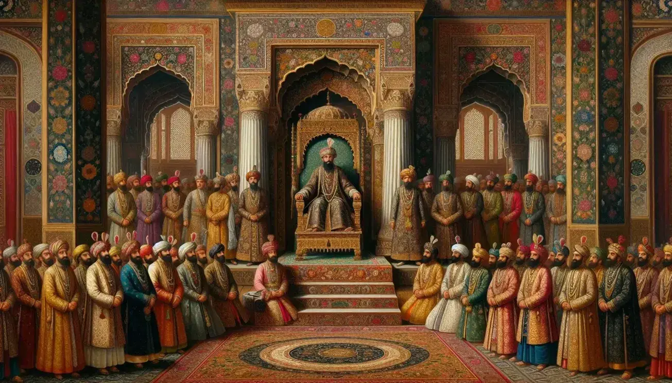 Majestic Mughal court scene with a royal figure on a jeweled throne, surrounded by courtiers in traditional attire, and musicians playing sitar and tabla.