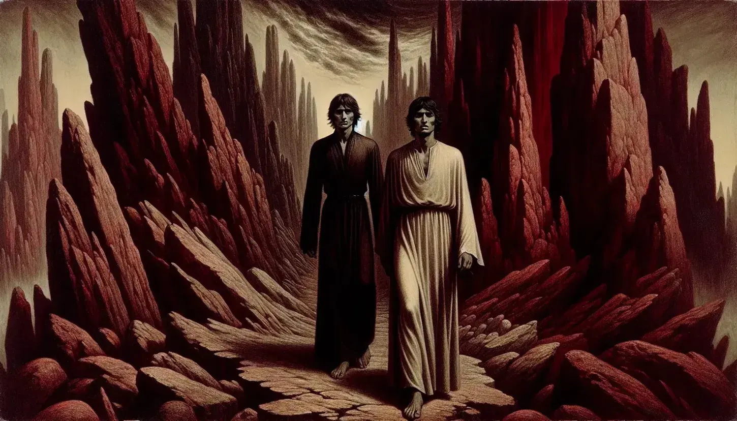 Dante e Virgilio camminano in un paesaggio infernale con rocce aguzze sotto un cielo tempestoso, illuminato da bagliori rossastri.