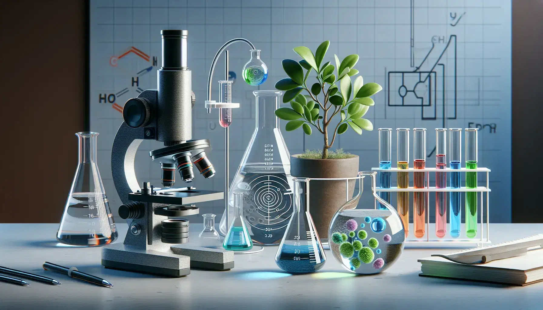 Microscopio óptico junto a tubos de ensayo con líquidos coloridos y planta, en un laboratorio de investigación biológica.