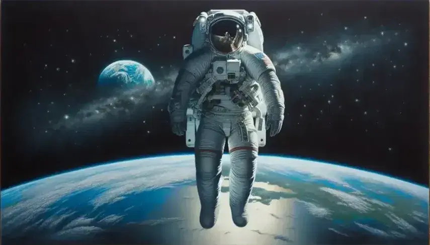 Astronauta in tuta spaziale fluttua nello spazio con la Terra in lontananza, circondato da stelle su sfondo nero.