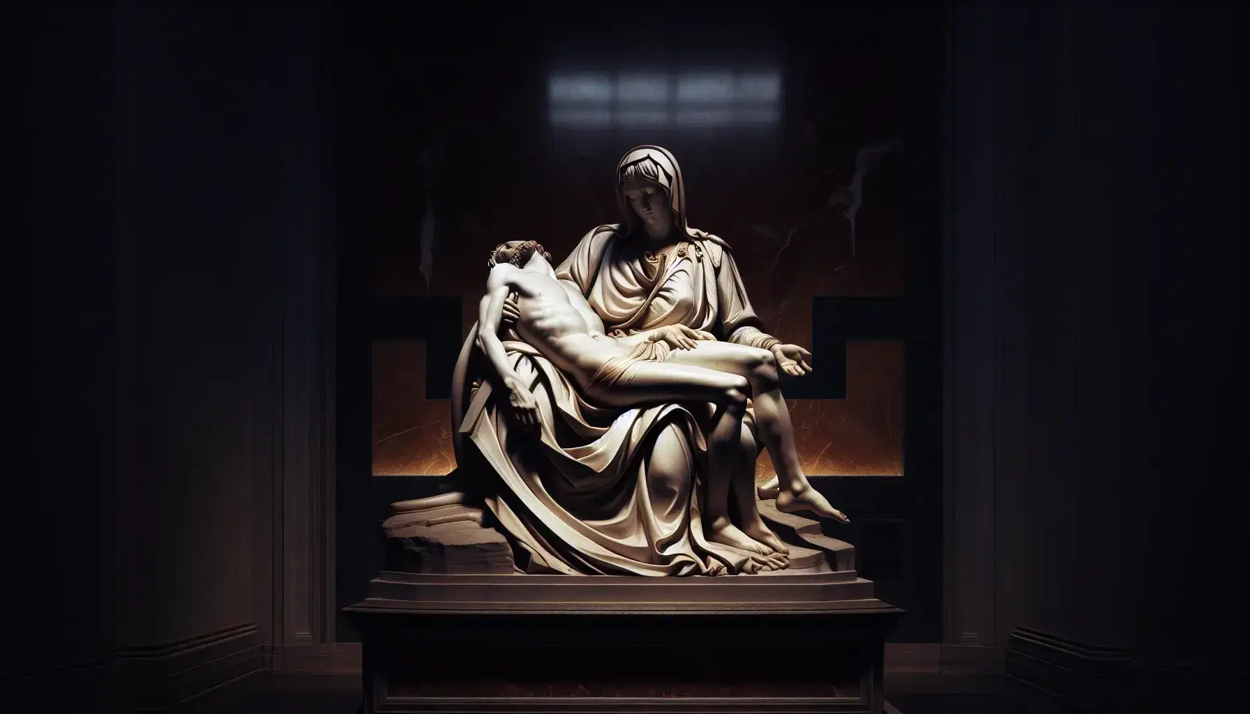 Pietà di Michelangelo in marmo bianco, Maria con Gesù in grembo, dettagli di luci e ombre che enfatizzano la scultura rinascimentale.