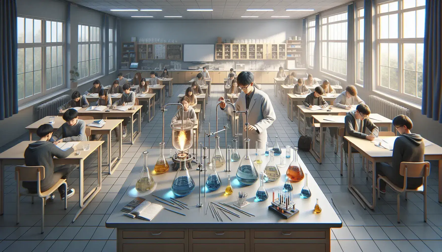Aula de telesecundaria con mesas semicirculares y estudiantes atentos a un experimento de química realizado por un profesor, con frascos de líquidos coloridos y mechero Bunsen encendido.