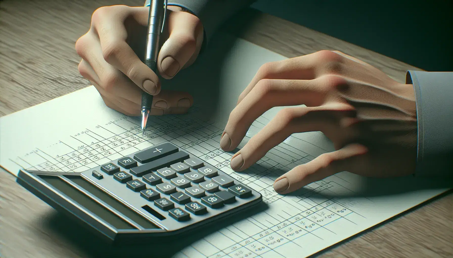 Close-up of hands with a pen and calculator on a desk over a blank ledger, symbolizing financial planning, with soft lighting and a wood grain background.