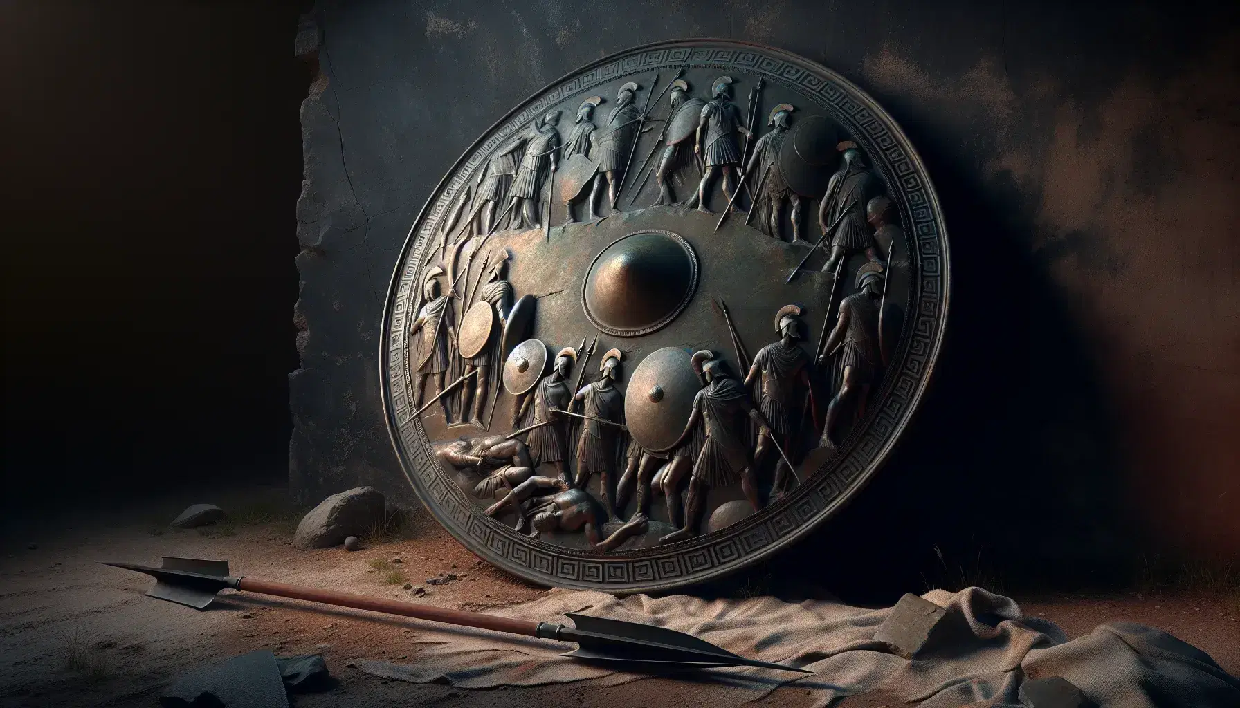 Ancient Greek bronze shield with embossed battle scenes against a stone wall, accompanied by a broken spear on the ground.