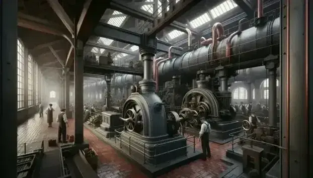 Fábrica de la era de la Revolución Industrial con maquinaria de vapor en funcionamiento, trabajadores ocupados y luz natural filtrándose por grandes ventanas.