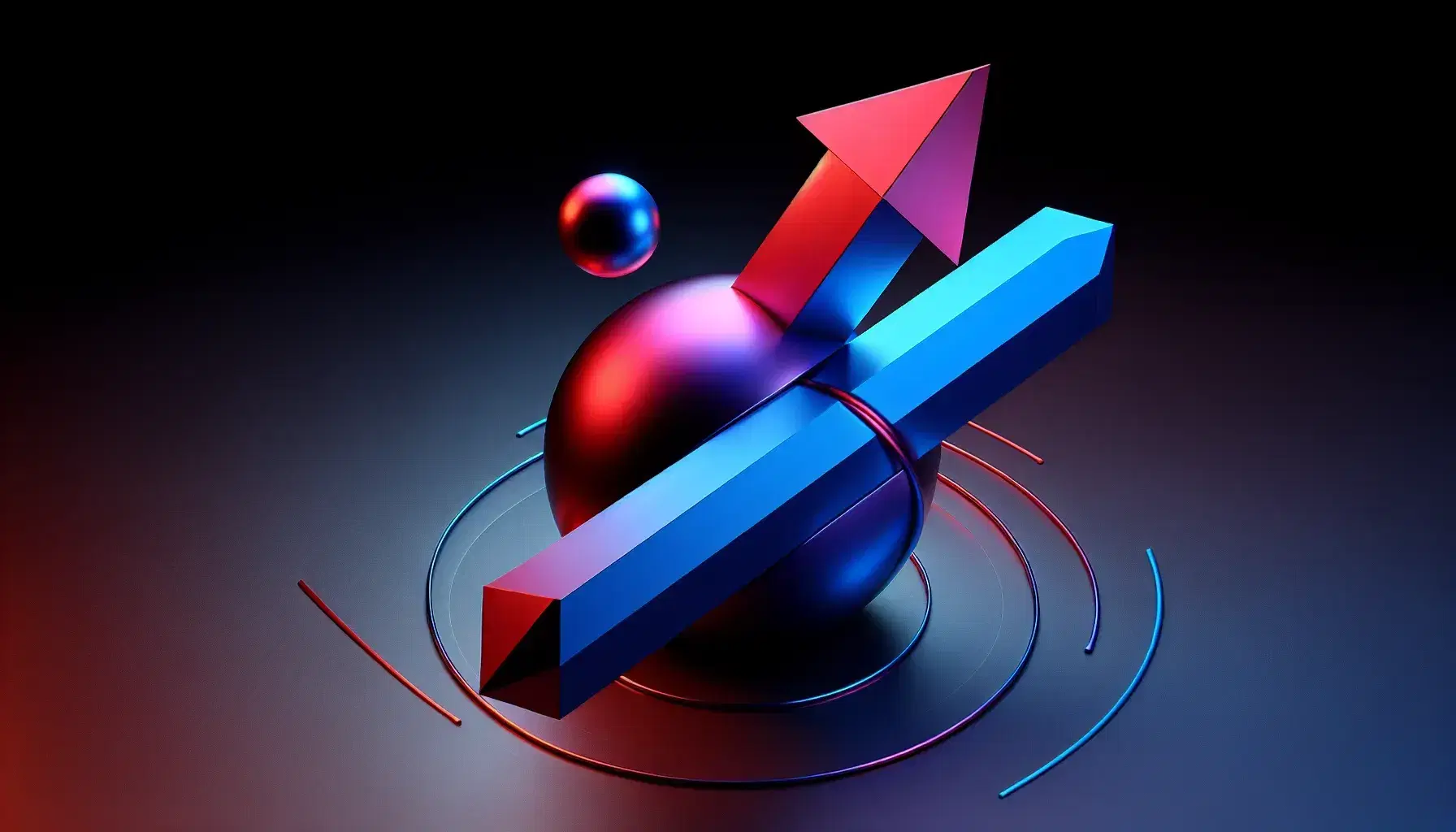 Three-dimensional arrows in red and blue pointing up-right and left, with a purple arrow indicating vector cross product, and a reflective sphere nearby.