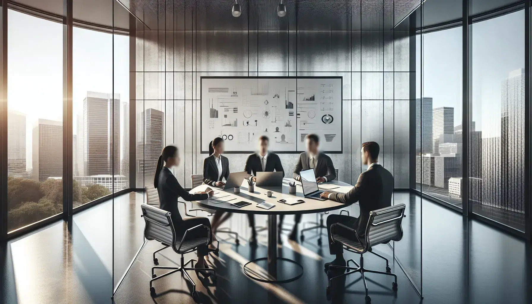 Contemporary office meeting with four professionals discussing around a table with laptops and tablets, against an urban skyline backdrop.