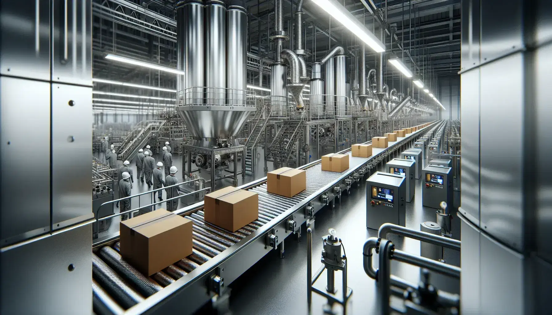 Planta industrial con cinta transportadora gris y objetos cúbicos marrones, rodeada de maquinaria de acero y operarios con cascos y chalecos reflectantes.