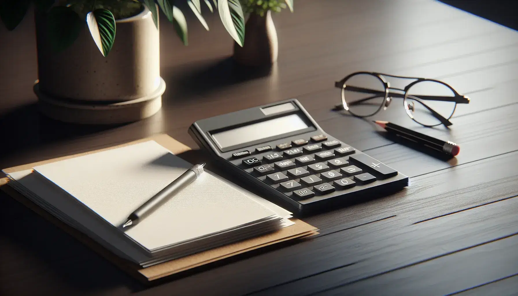 Escritorio de madera oscura con calculadora apagada, hojas blancas, lápiz con goma roja, gafas metálicas y planta de interior desenfocada al fondo.