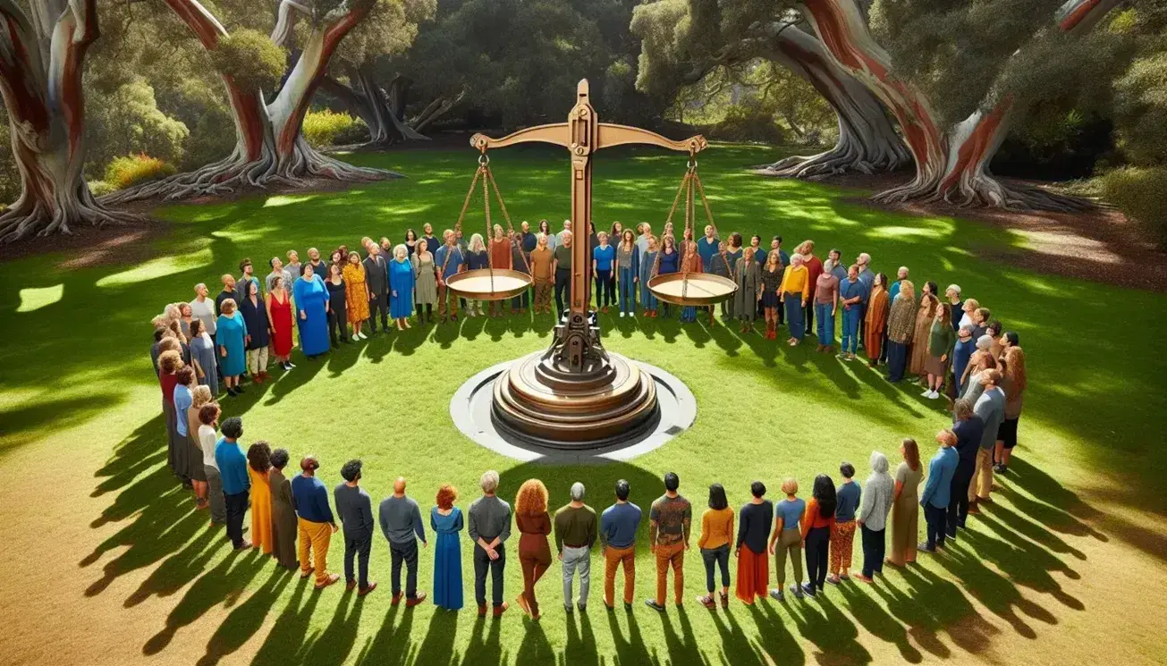Grupo diverso de personas en parque alrededor de balanza antigua equilibrada, con árboles y luz solar filtrándose entre las hojas.