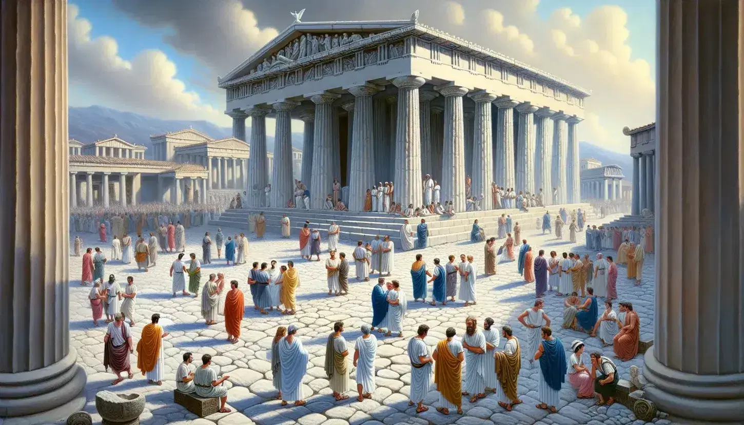 Agora greca con cittadini in dialogo, filosofi che discutono, tempio dorico in marmo e natura mediterranea sotto cielo azzurro.