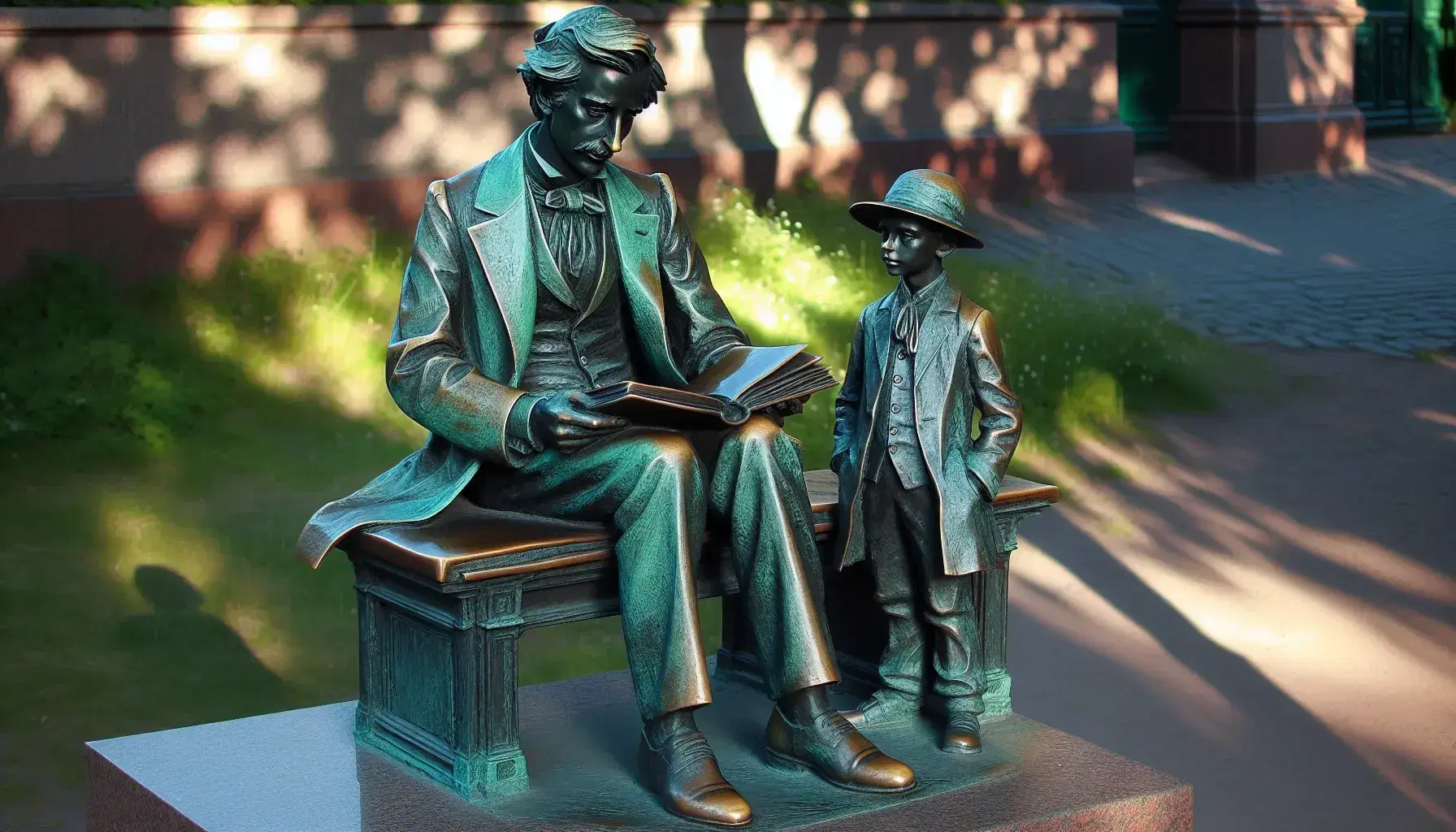 Statua in bronzo ossidato di uomo seduto su panchina con libro aperto e figura scolpita di ragazzo accanto in ambiente esterno.
