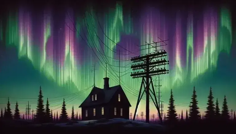 Vibrant Northern Lights illuminate the night sky above a 19th-century telegraph office, surrounded by dark pine trees and a telegraph pole in the foreground.