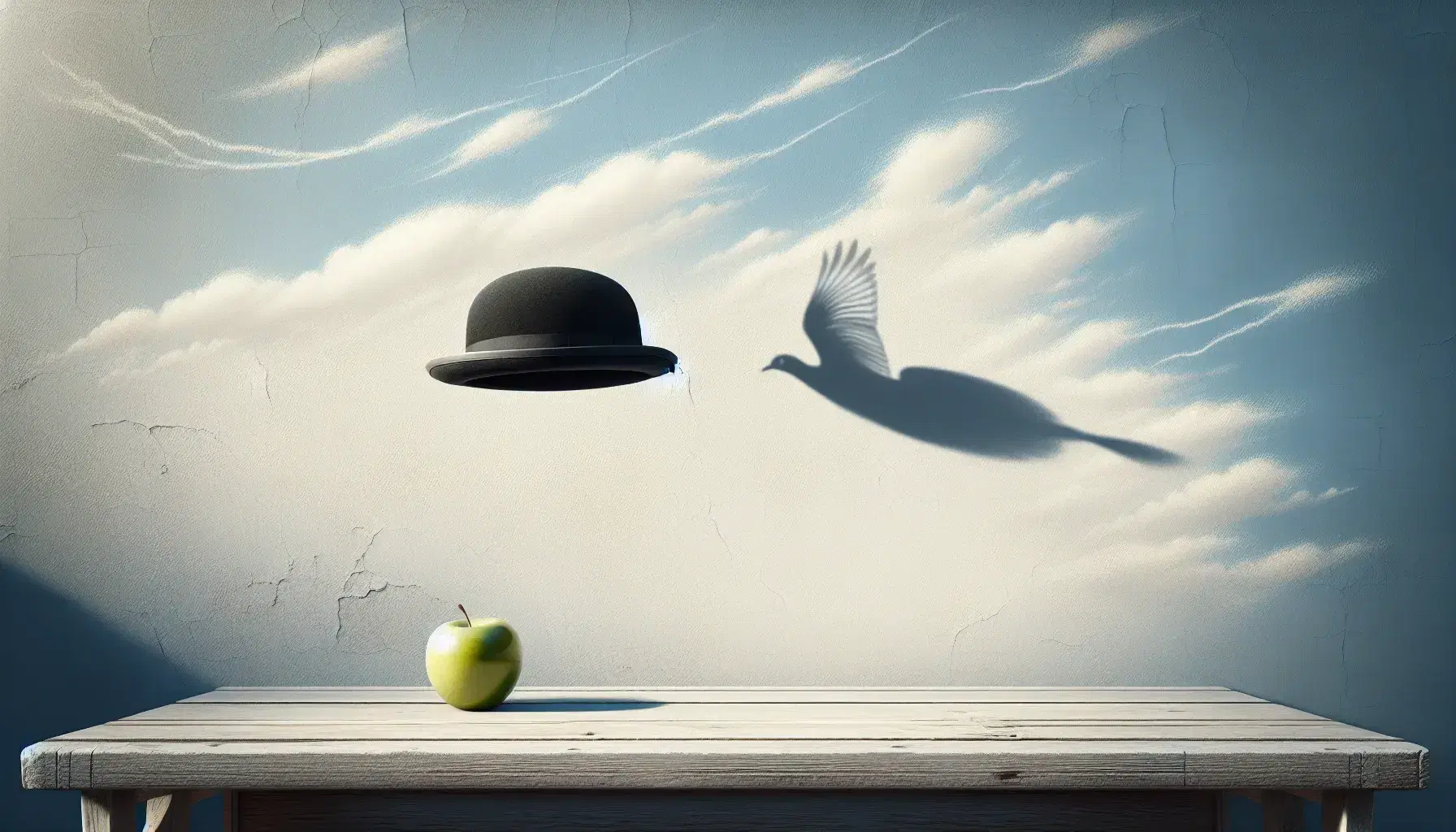 Cielo azzurro con nuvole sottili, cappello a bombetta nero sospeso, muro chiaro in basso, piccione in volo a destra e mela verde a sinistra.