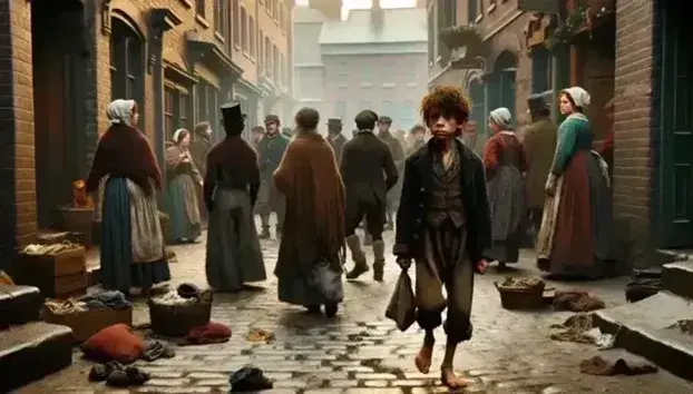 Niño descalzo con ropa desgastada camina por calle adoquinada en escena victoriana con gente en atuendos de época y edificios antiguos bajo cielo nublado.