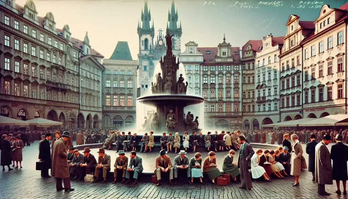 Bustling 1960s Prague city square with people in period attire, a stone fountain, ornate buildings, and a cobblestone street lined with trees.