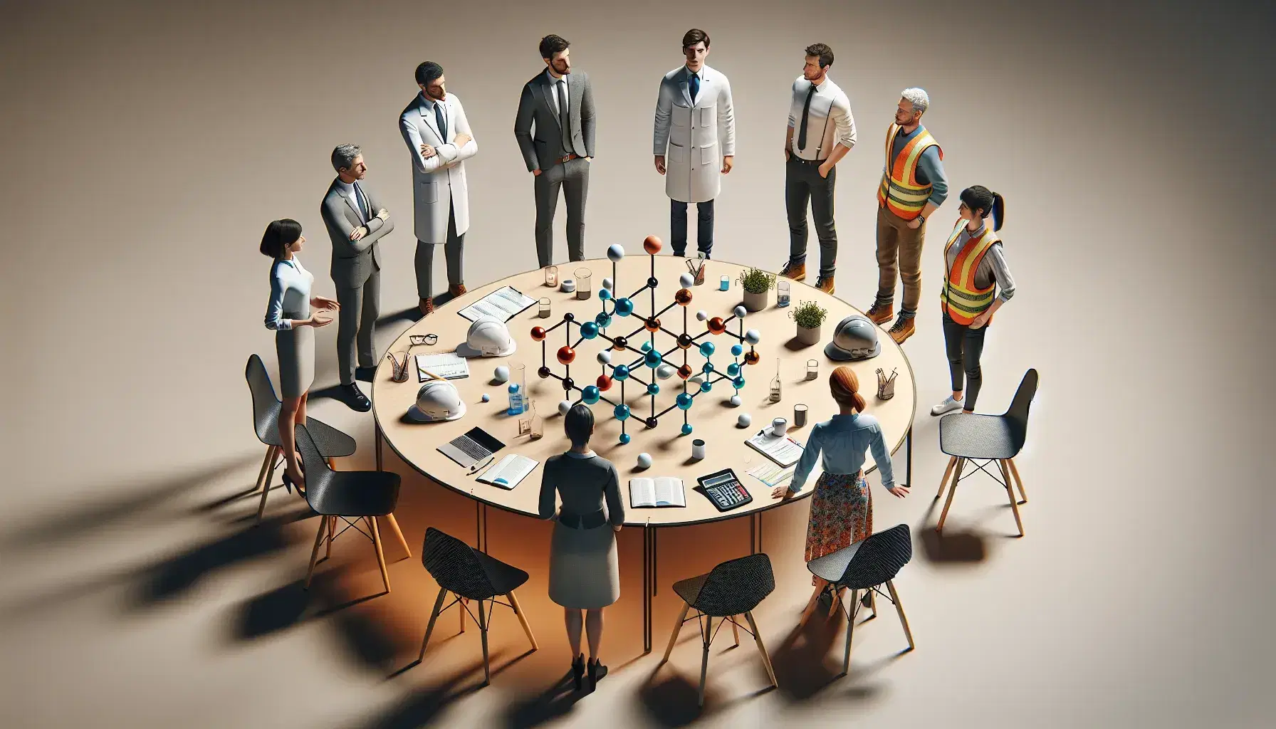 Grupo interdisciplinario de cinco personas colaborando alrededor de una mesa con objetos de trabajo como modelo molecular, casco y planta.