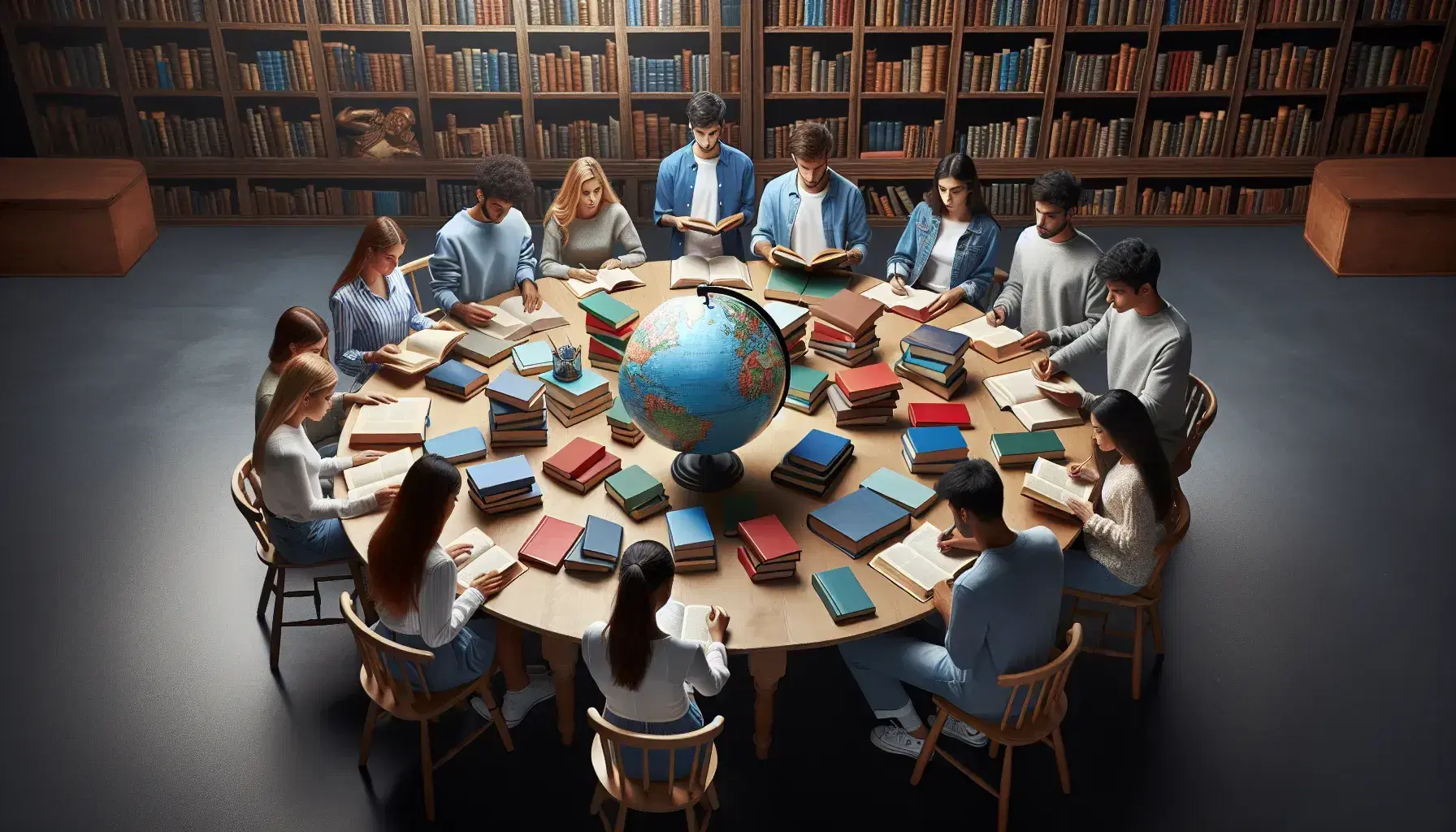 Grupo diverso de estudiantes estudiando en biblioteca con libros y globo terráqueo, iluminados por luz natural.