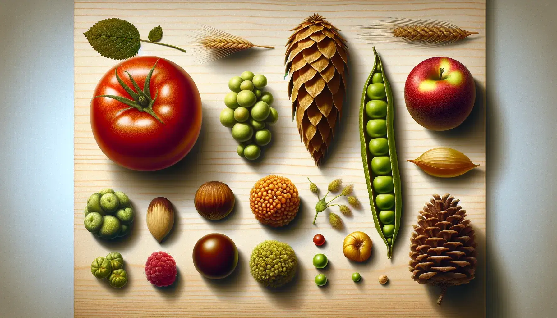 Variedad de frutas y estructuras vegetales sobre superficie de madera clara, incluyendo guisante, grano de trigo, tomate rojo, frambuesa, manzana, piña y agalla.
