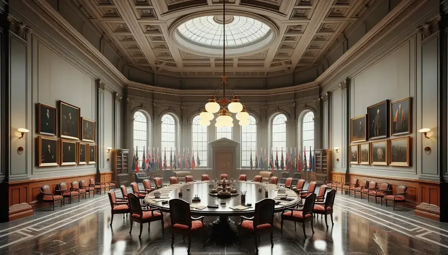 Sala amplia con mesa ovalada de madera oscura, sillas con cojines rojos, lámparas colgantes, banderas sin insignias y ventana con vista al jardín.
