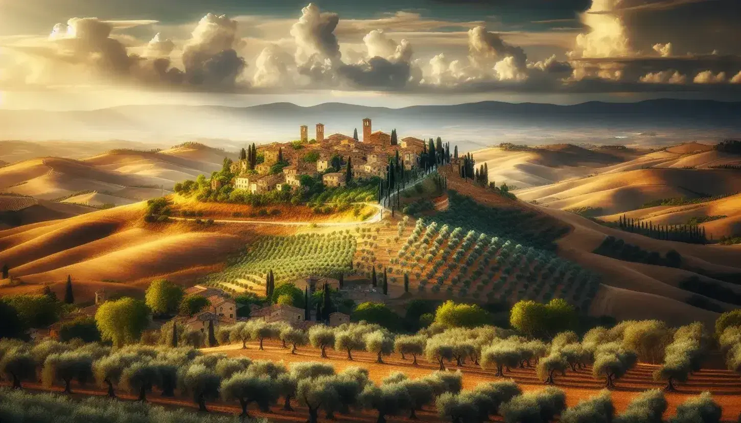 Paesaggio italiano con colline ondulate, ulivi, borgo medievale sui colli e mare Mediterraneo in lontananza sotto cielo azzurro.