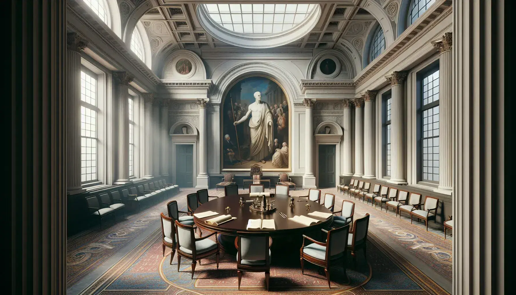 Sala de reuniones neoclásica con mesa ovalada de madera oscura, sillas a juego, documentos enrollados, tintero y estatua de mármol, bajo una gran pintura al óleo.